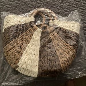 Two Tone Drawstring Straw Bag